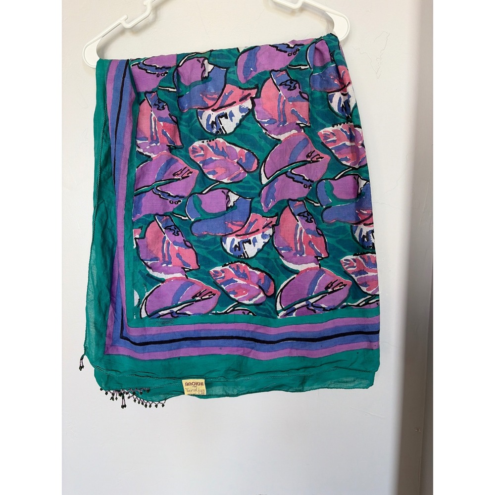 Anokhi for Taraliya Cotton Bloc Print Scarf Teal Purple Pink Beaded Fringe 45x45